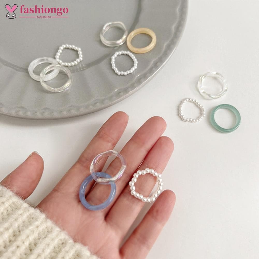 FASHIONGO 3 Pçs/Set Conjunto De Anel De Acrílico Para Mulheres Anéis Transparentes De Pérola Colorida Coreano Bonito Ace