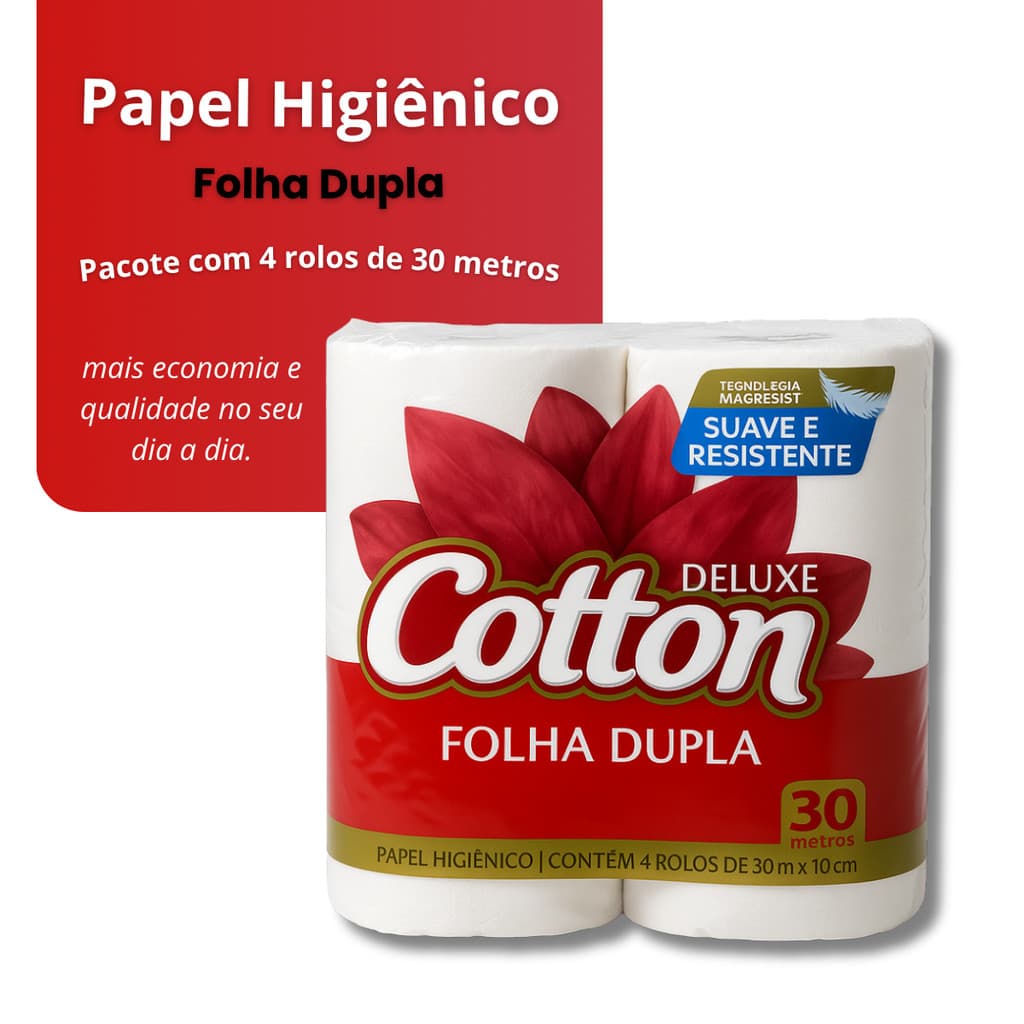 Papel Higiênico Cotton Folha Dupla 30m | Pacote com 4 Rolos | Macio e Resistente