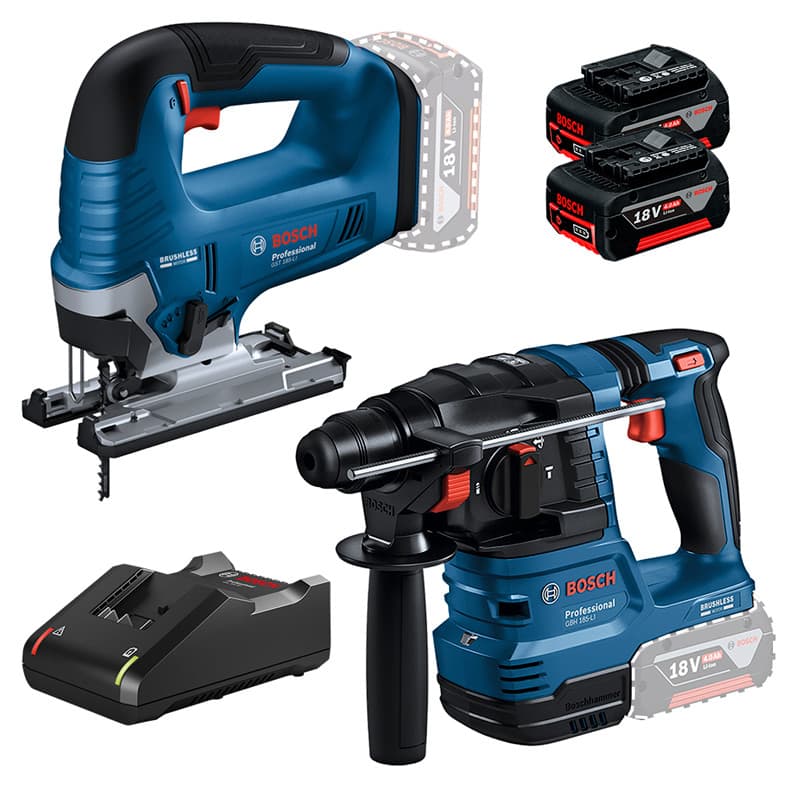 Kit Martelete Rotativo Rompedor GBH 185-LI + Serra Tico-Tico GST 185-LI + 2 Bateria 4Ah + Carregador Rápido Bosch