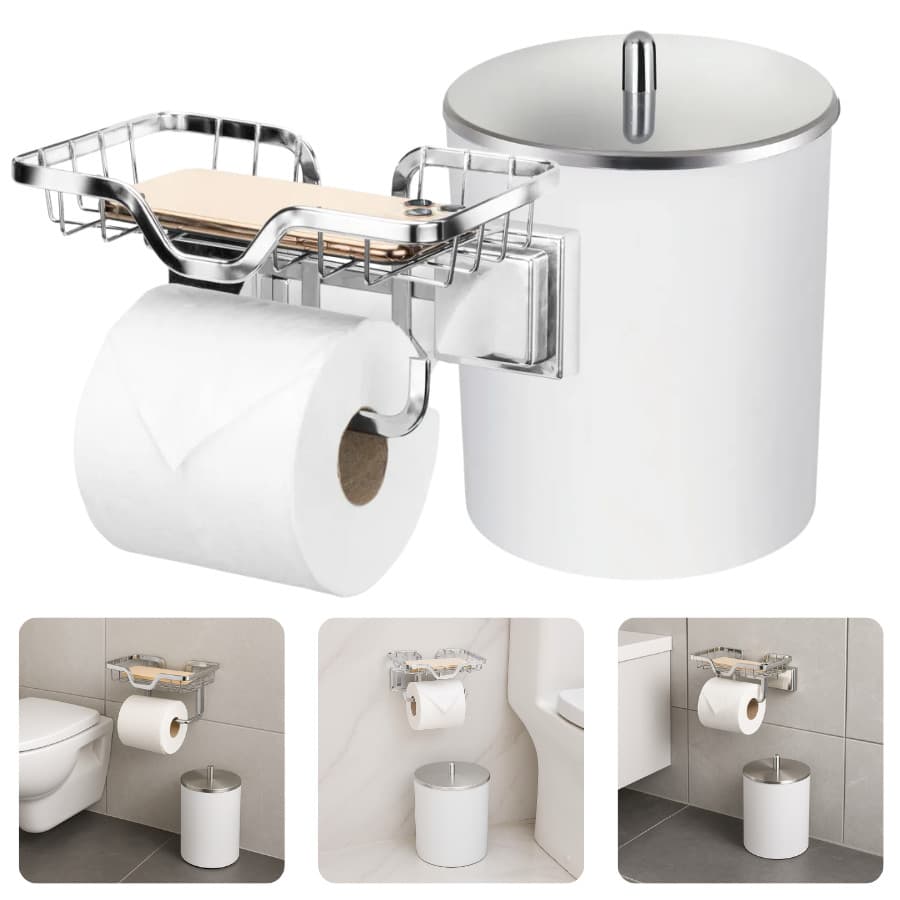 Kit Banheiro Branco Cromado Inox Porta Papel Prateleira Celular 3M Lixeira 5 Litros Redonda