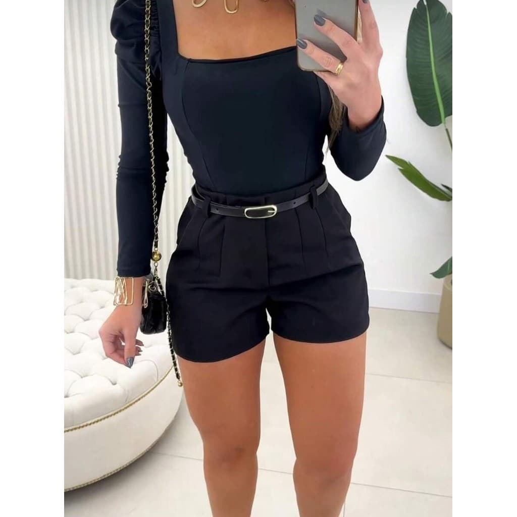 Short Social Feminino Alfaiataria Com Cinto Moda Blogueira