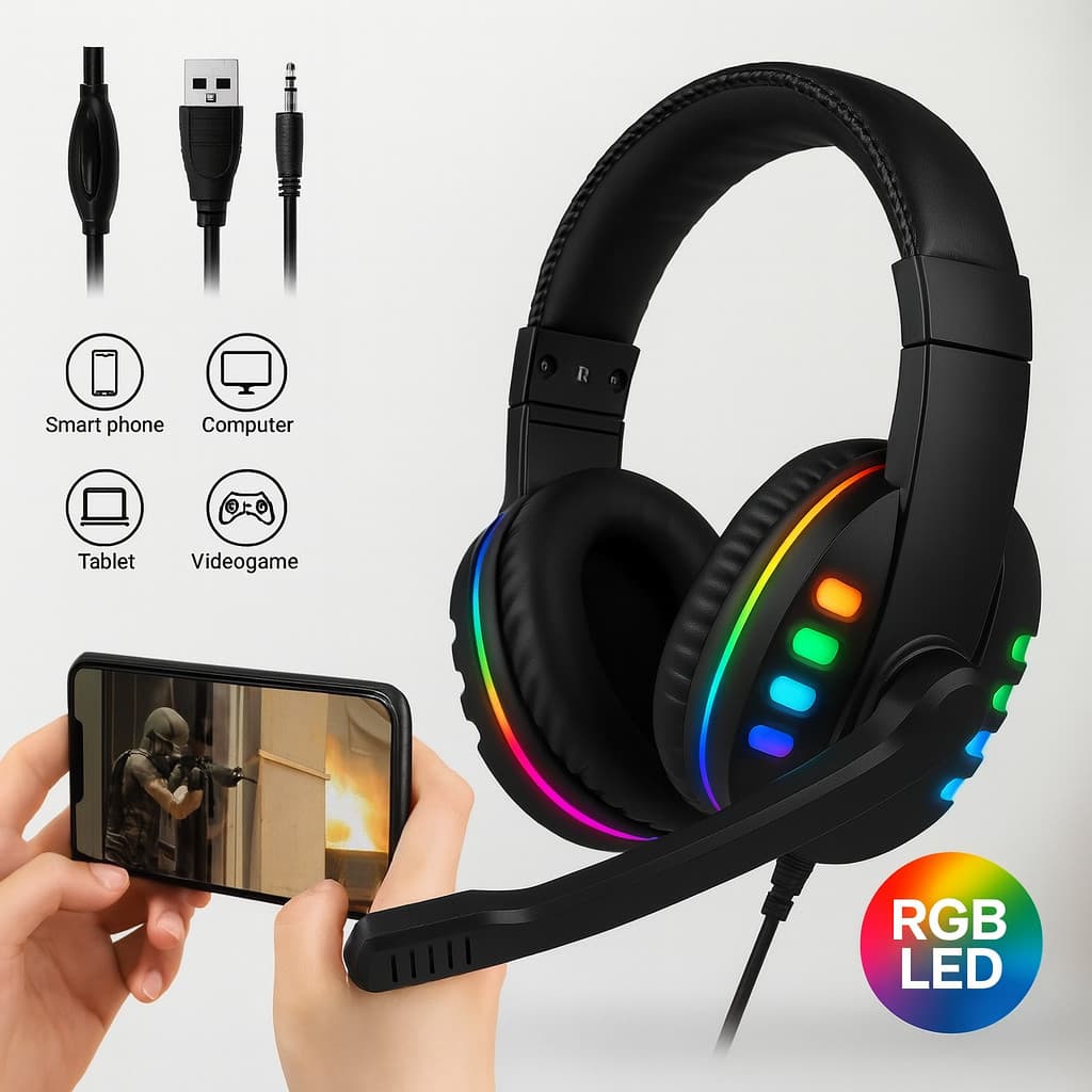 Headset Gamer RGB LED com Microfone USB + P2 Compatível com Celular PC e Videogame Fone de Ouvido