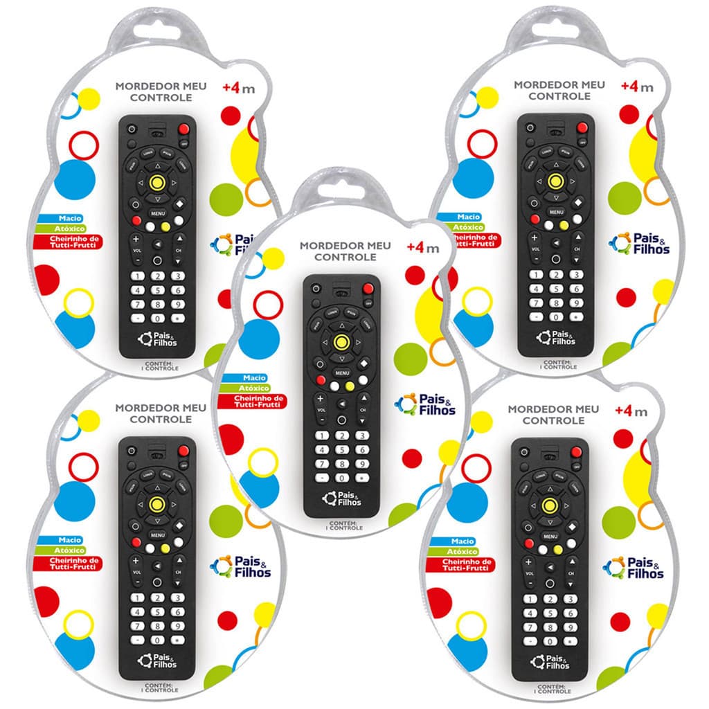 Kit com 5 Mordedores Controle Remoto Vinil Atóxico com Cheirinho Tutti-Frutti Pais e Filhos
