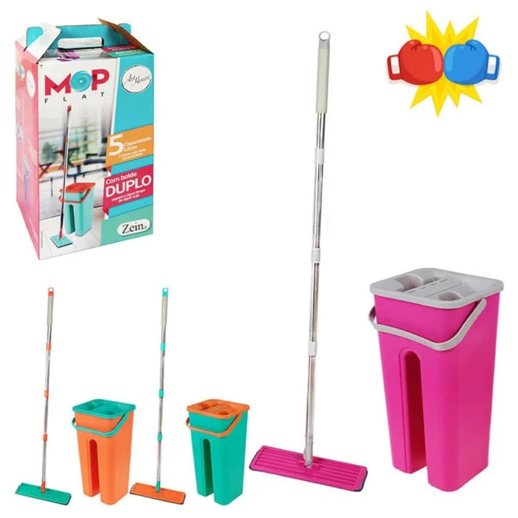 Mop Flat Colorido Esfregão Balde 5 Litros Cabo Inox