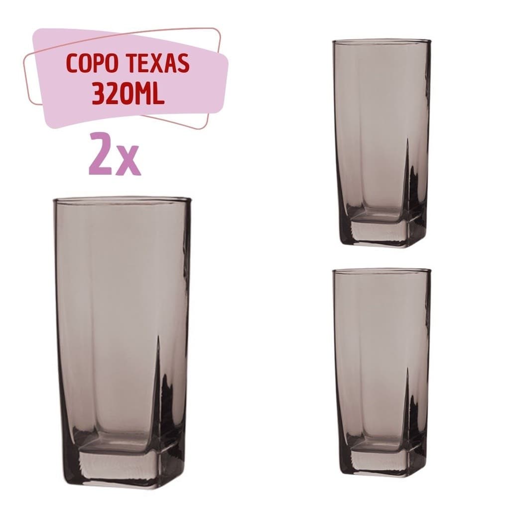 Jogo Copos de Vidro 320ml Cinza Texas Agua Suco Vinho 2Un