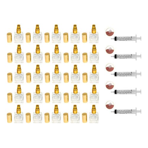 25 Frascos De Vidro 10ml Válvula Spray Dourada + 5 Seringas Com Adaptador