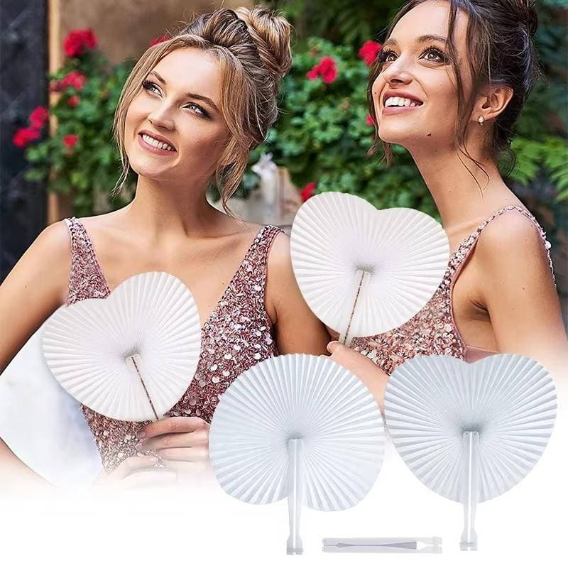 Leques Dobráveis De Papel Branco-Ventilador De Artesanato Com Alça De Plástico-Fãs De Casamento Para Convidados Redondo