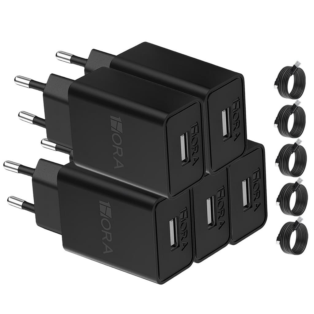 KIT 5X Carregador Usb 1Hora + Cabo Micro Usb/Usb A Preto