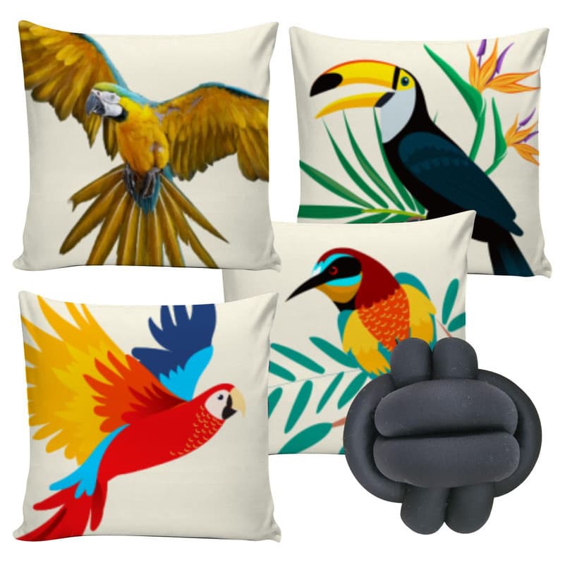 Kit 4 Capas de Almofadas Decorativa 45x45cm Almofada Nózinho Enchimento Silicone Estampa Pássaros