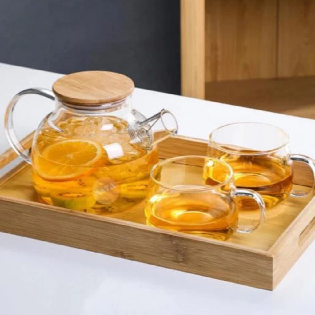 Chaleira de Vidro com Tampa de Bambu + 6 Xícaras Elegantes