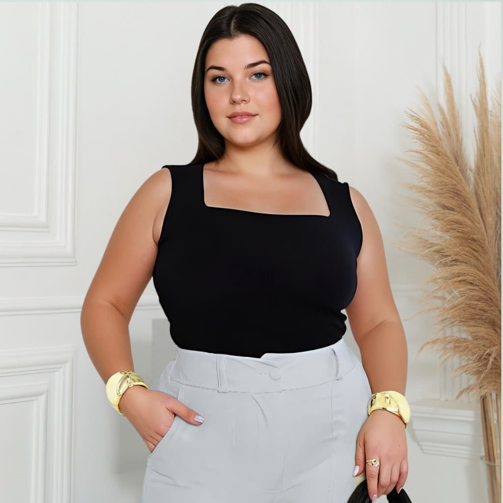 Blusa Feminina Plus Size Regata Decote Quadrado Estilosa Básica Casual