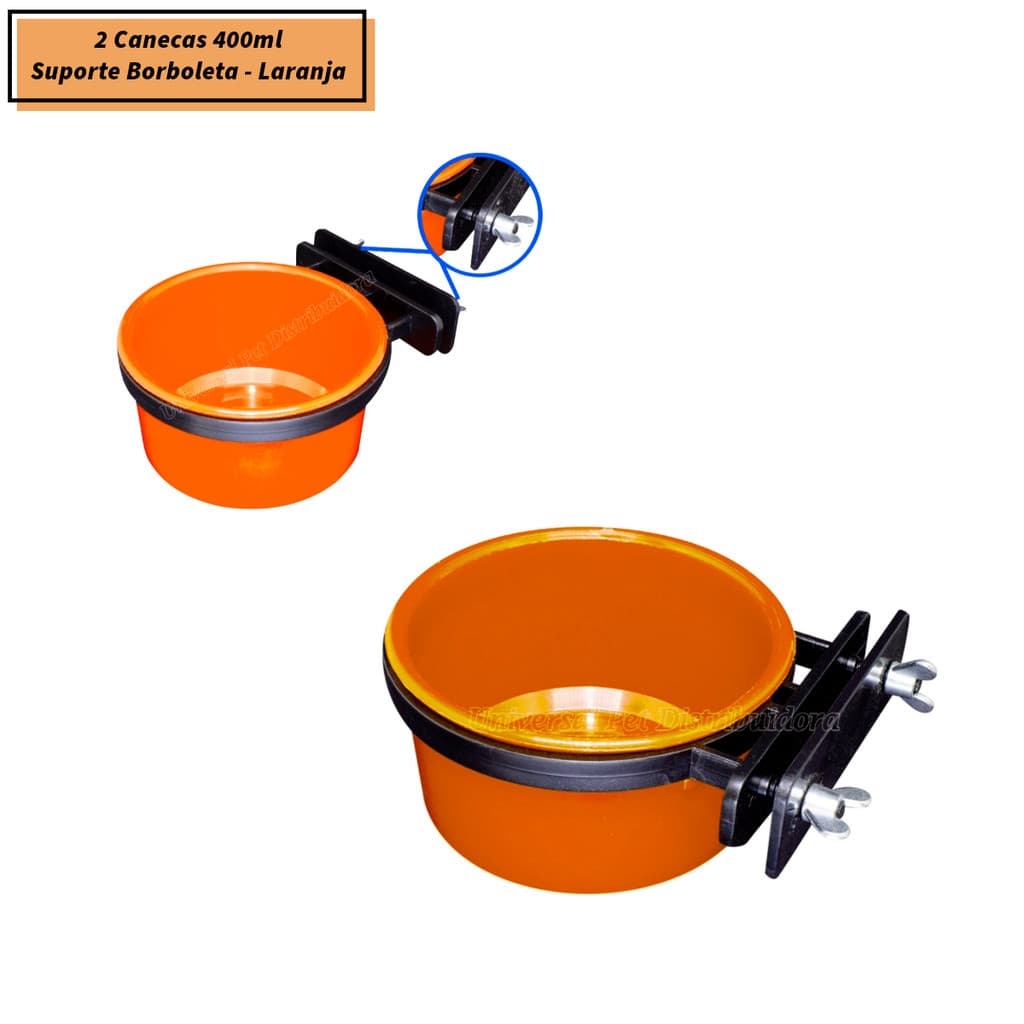 2 Caneca Plastica c/ Suporte Borboleta 400ml Comedouro ou Bebedouro - Bico Torto Calopsita Papagaio e aves diversas