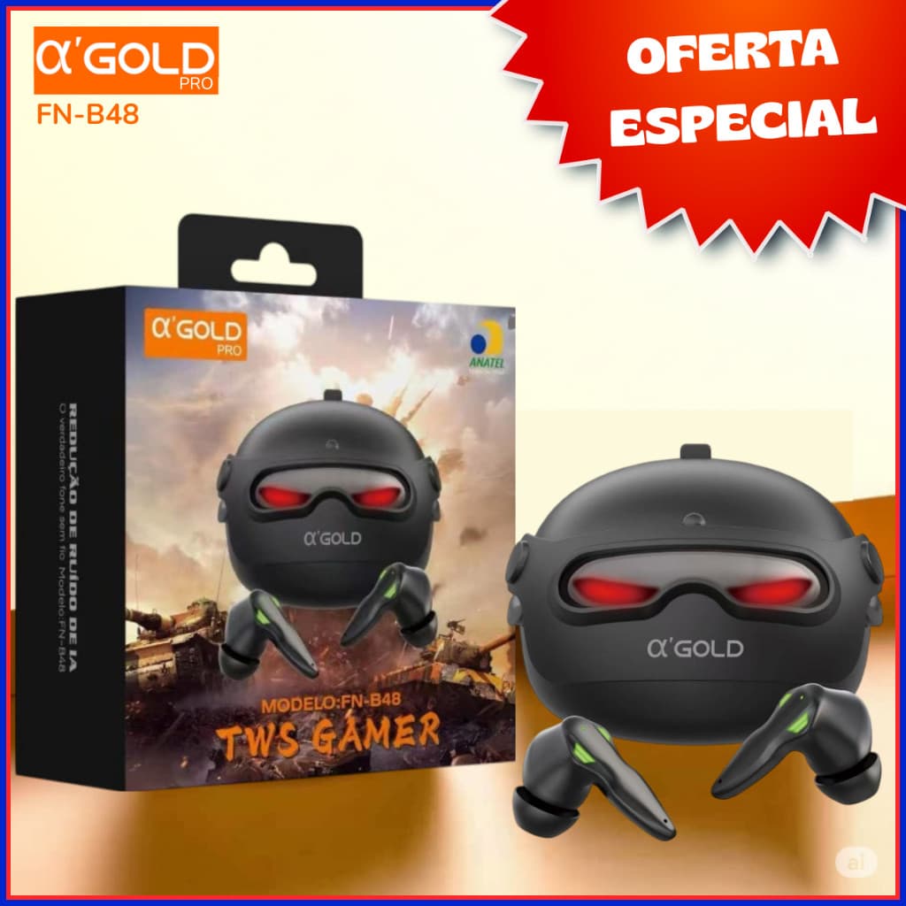 Fone De Ouvido Gamer Bluetooth A'GOLD Tws FN-B48 Cor Preto Com Redução De Ruído