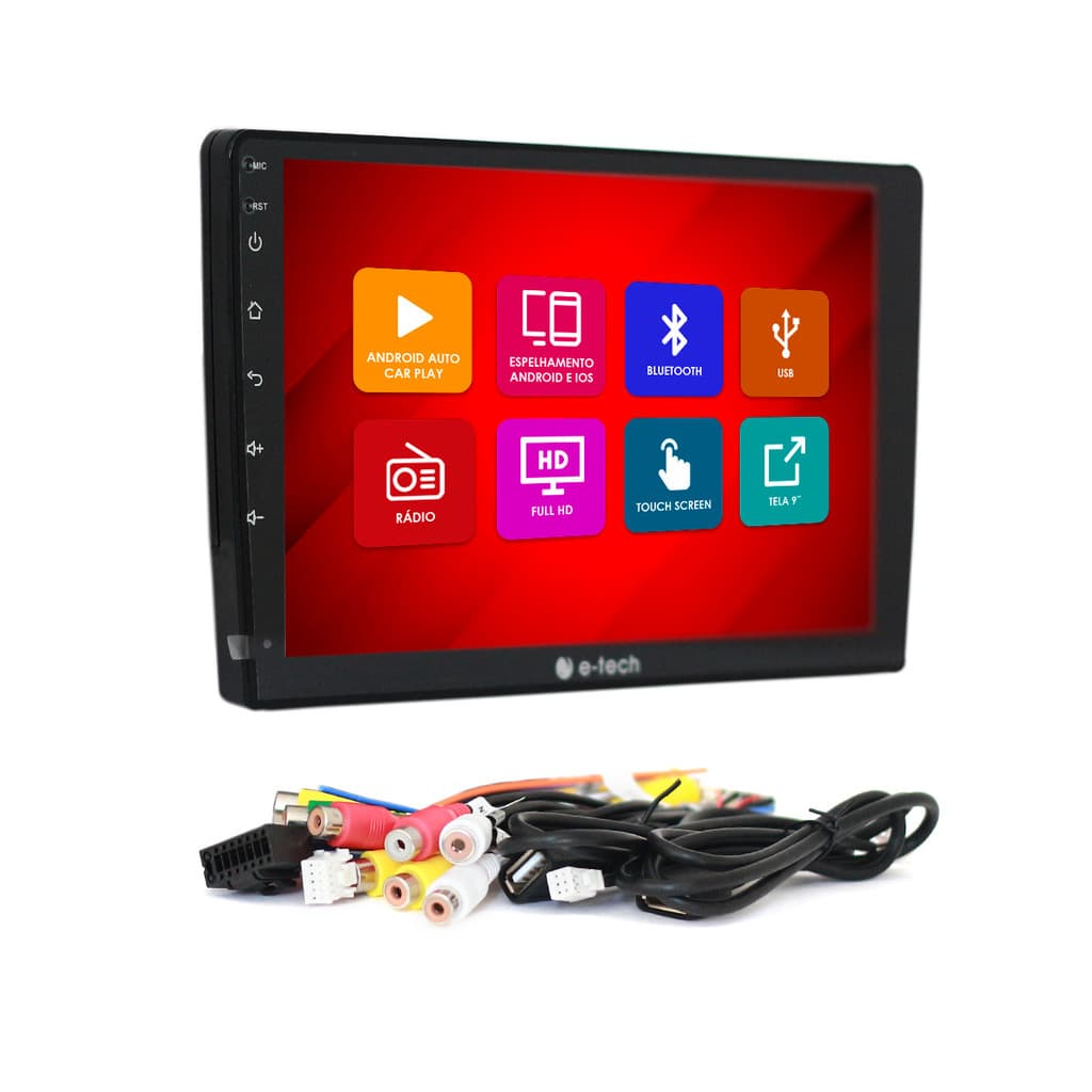 Central Multimídia 9 Pol Android Auto CarPlay E-Tech 2 Din Combat Bluetooth Usb Fm Espelhamento Android IOS
