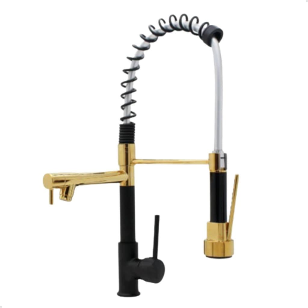 TORNEIRA COZINHA GOURMET MONOCOMANDO MISTURADOR FLEXÍVEL BANCADA SPRAY PRETO E DOURADO VIP