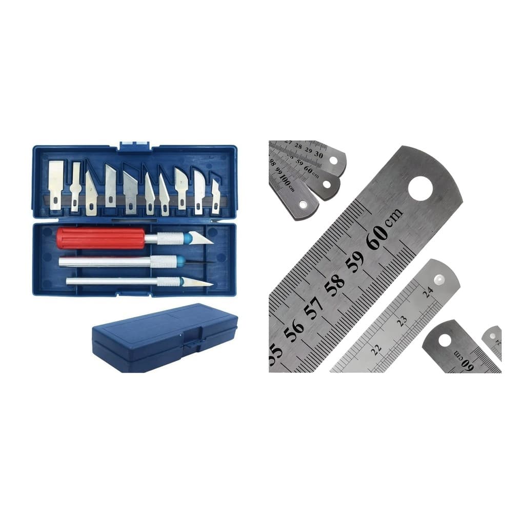 Régua de Aço Inox 1m 60cm 30cm + Kit Estilete de Precisão