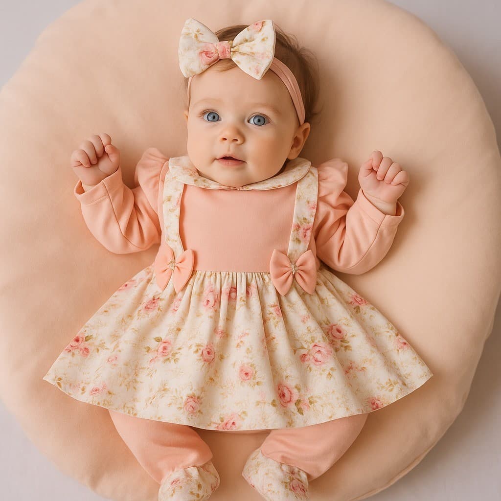 Saída Maternidade Bebê Menina Luxo 4 Peças Rosa Floral com Manta, Macacão, Vestido e Faixa
