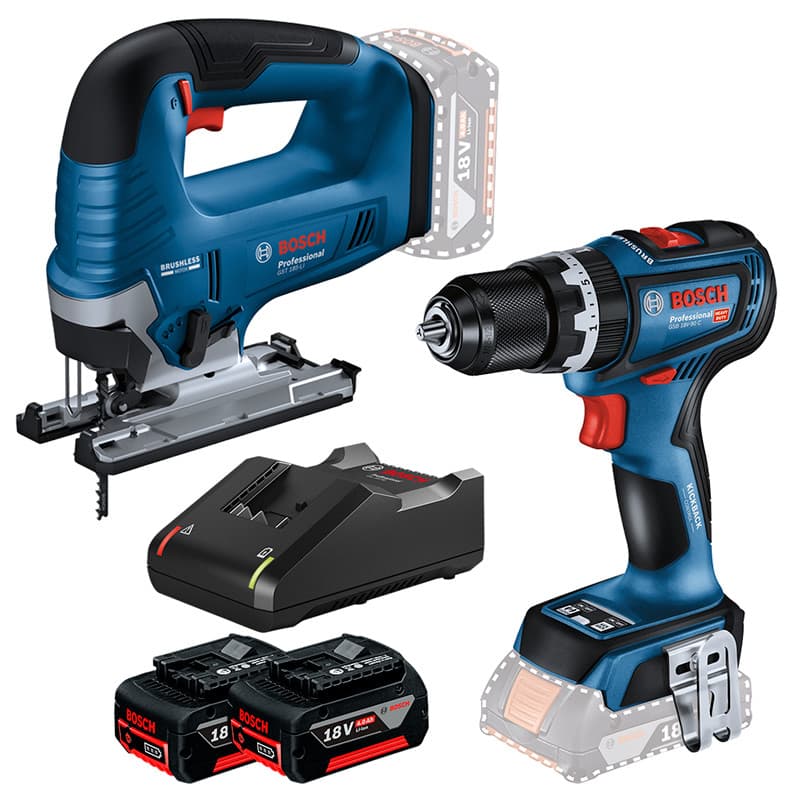 Kit Parafusadeira/Furad Impacto 1/2" GSB 18V-90 C + Serra Tico-Tico GST 185-LI + 2 Bateria 4Ah + Carregador Rápido Bosch