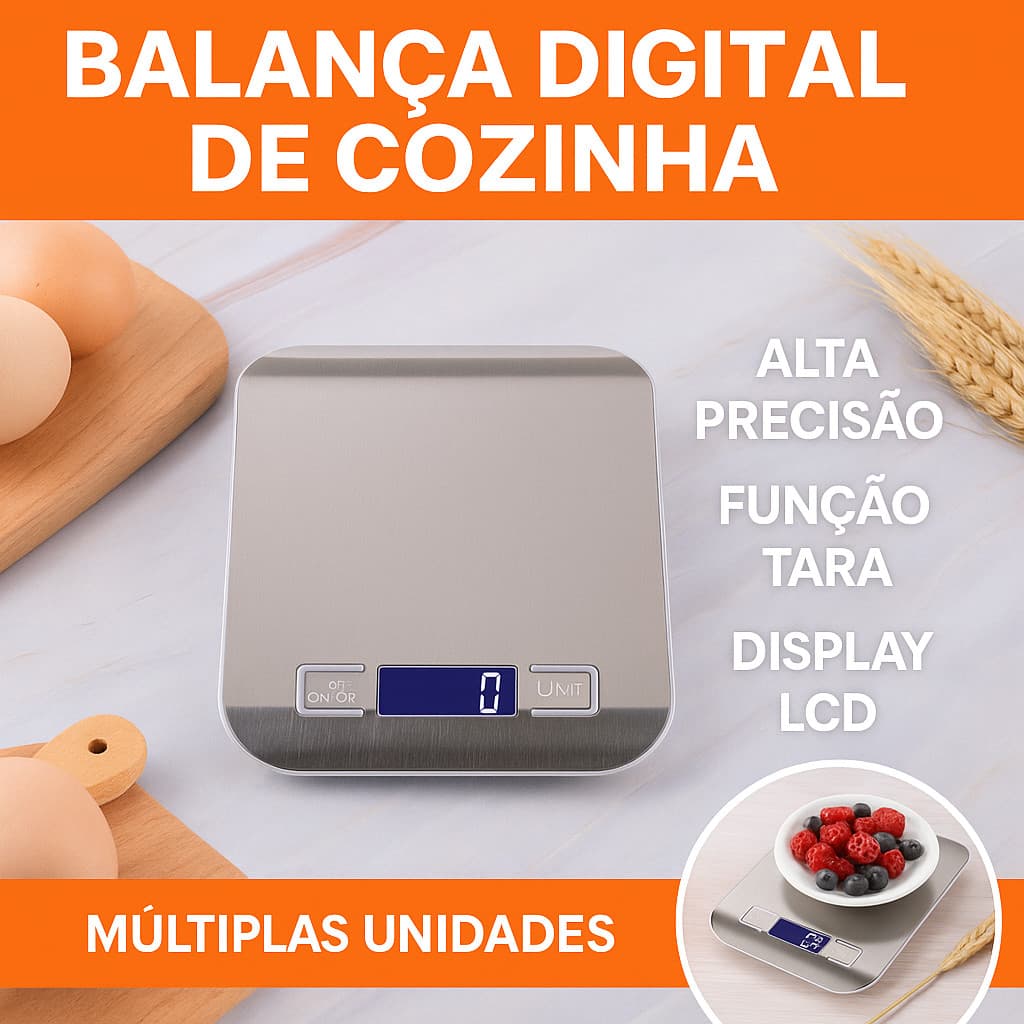 Balança Digital de Cozinha em Aço Inox com Display LCD – Alta Precisão, Função Tara 10Kg H18