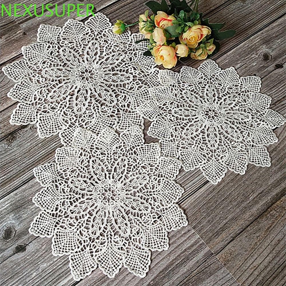 NEXUSUPER Placemat Feito À Mão Em Renda Branca Para Copos Almofada Redonda Oca