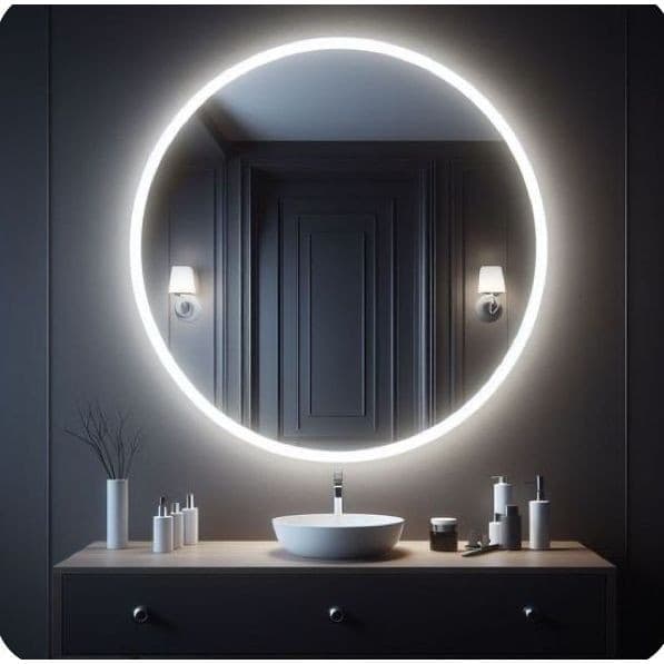 Espelho Redondo 100cm Lapidado Grande Moderno Decorativo Moldura C/LED FRIO PILHAS (REDOMDO)