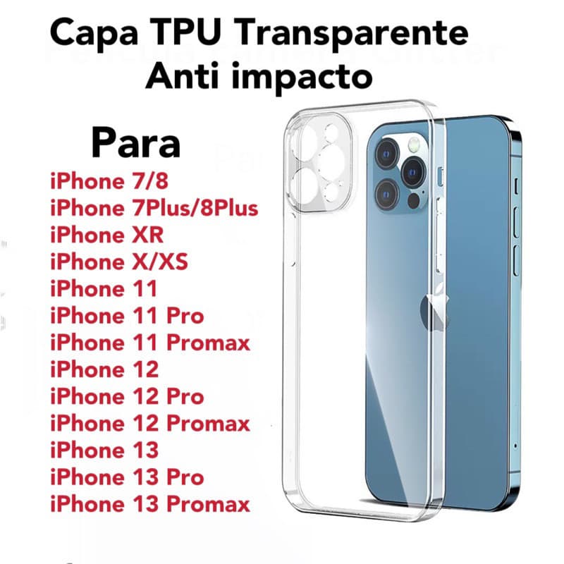 Capa Transparente TPU anti impacto Para IPhone 7/8/7Plus/8Plus/X/XS/XR/11/11Pro/11Promax/12/12Pro/12Promax/13/13Pro/13Promax case protege a câmera de celular anti choque