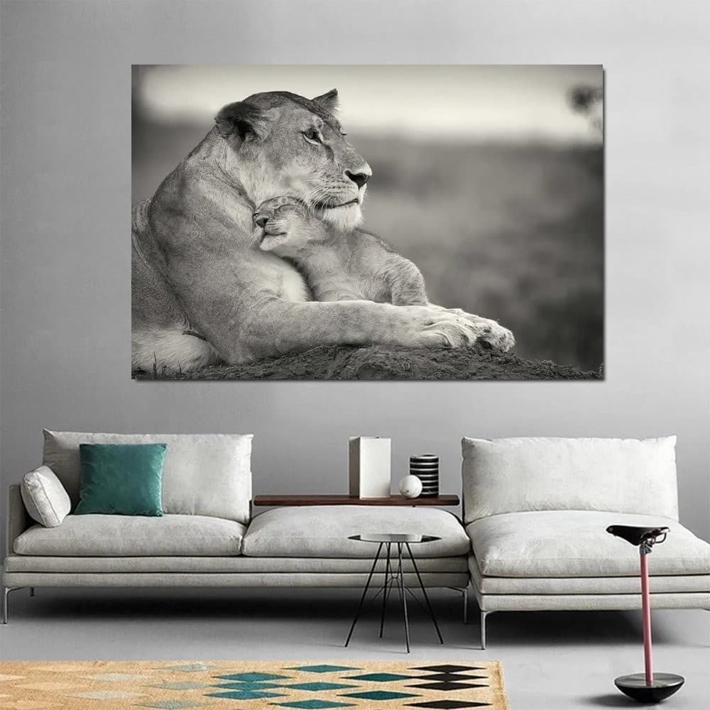 Quadro Decorativo GRANDE Alta Resolução Para Sala Quarto Quadro Leoa com Filhote Preto e Branco