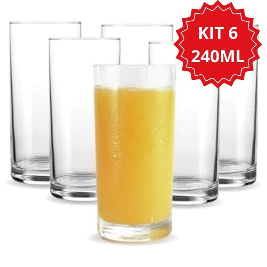 Jogo 6 Copos De Vidro Long Transparente Londres Premium Para Bebidas 240ML
