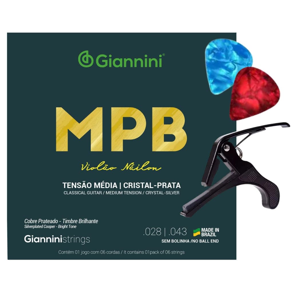 Corda Encordoamento Violão Nylon Giannini Cristal - Prata Genws + 2 Palhetas  + capotraste VLBK STC01