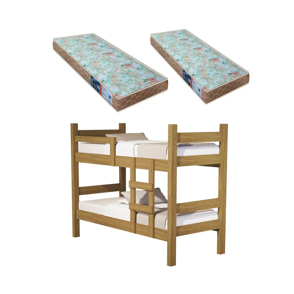 BELICHE LETICIA COM ESCADA E GRADE PROTEÇÃO VIRA 2 CAMAS SOLTEIRO -MDF + 2 COLCHÕES D23 Cor:Freijo