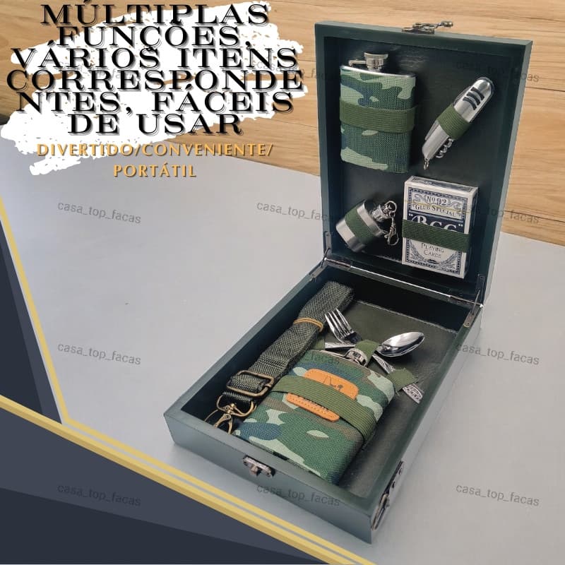 Kit Cantil 5oz + 7oz com Talheres, Canivete Suíço, Baralho e Chaveiro para Aventuras