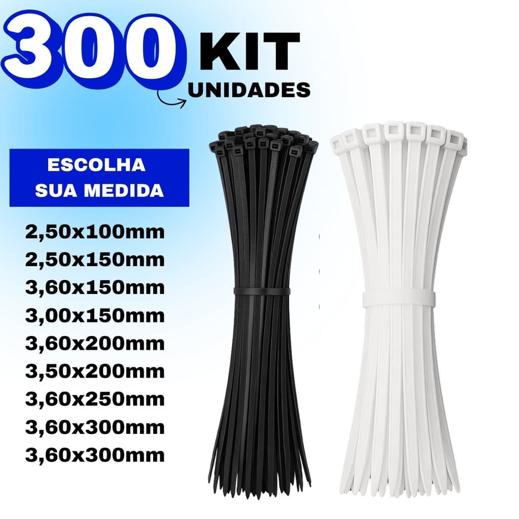 Kit 300 Cintas Plasticas Abraçadeira Nylon Enforca Gato Preto/Branco - Várias Medidas