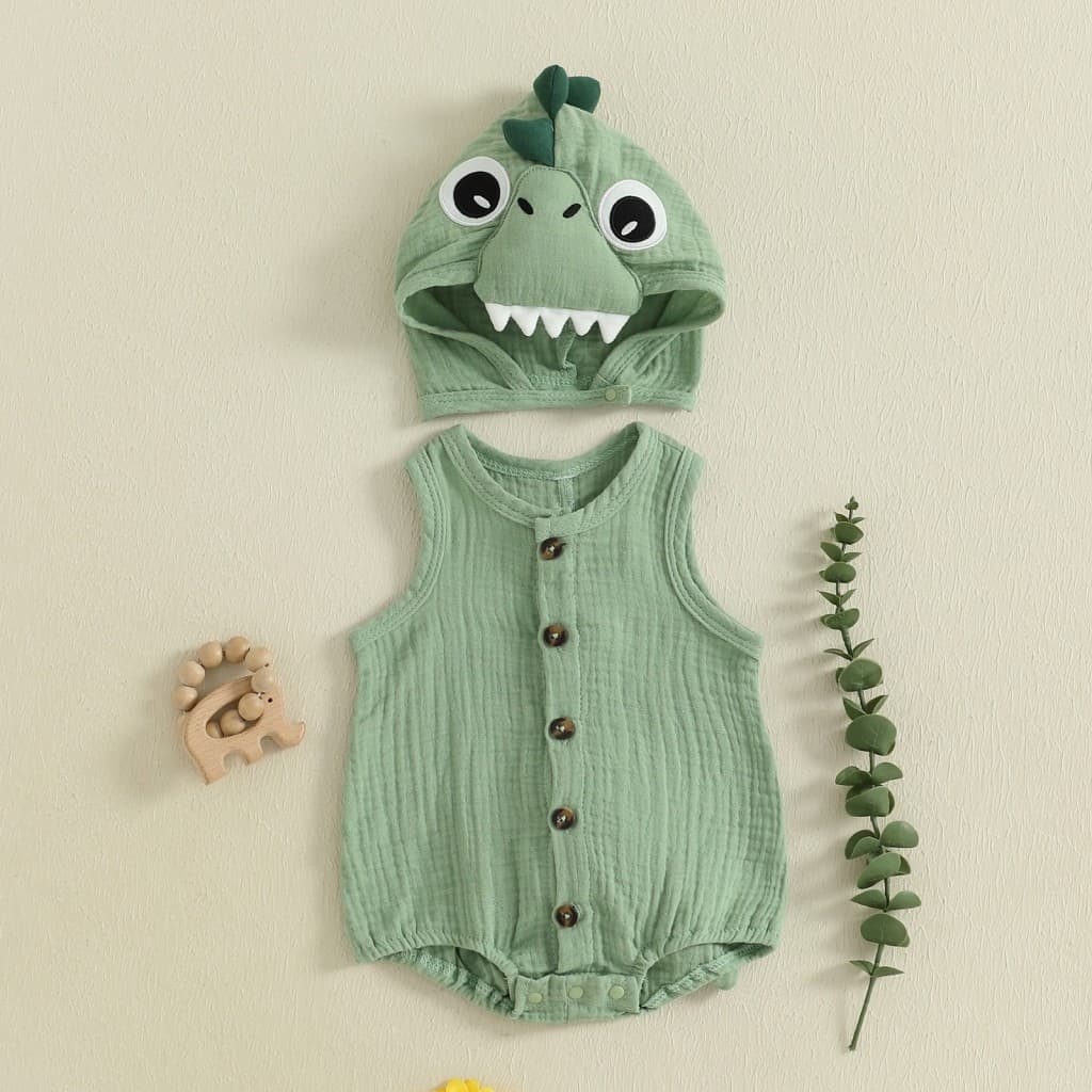 Fantasia De Dinossauro De Halloween Para Bebês , Sem Mangas , Gola Redonda , Macacão Com Botão E Conjunto De Chapéu De A