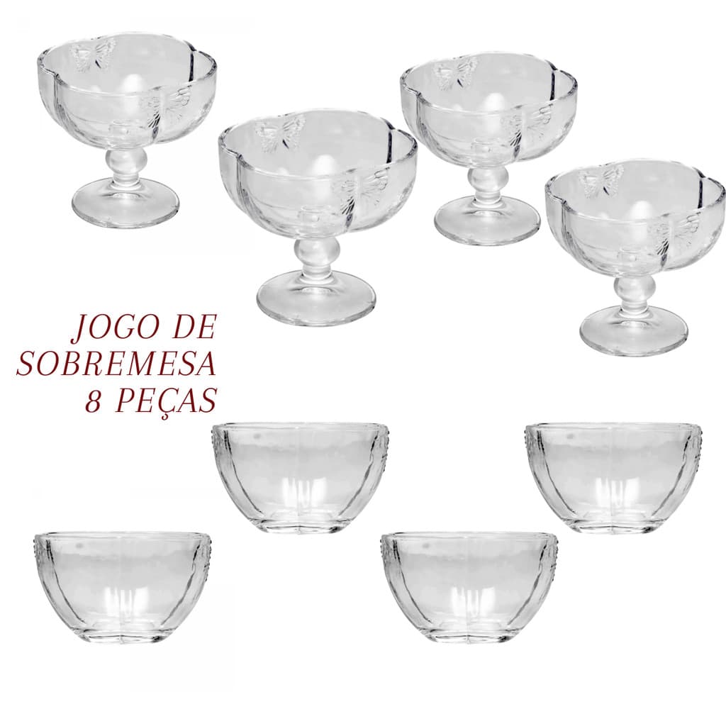 Jogo Wolff Cristal Butterfly 4 Taças + 4 Bowls Design Luxo Versátil Para Sobremesa Mesa Posta