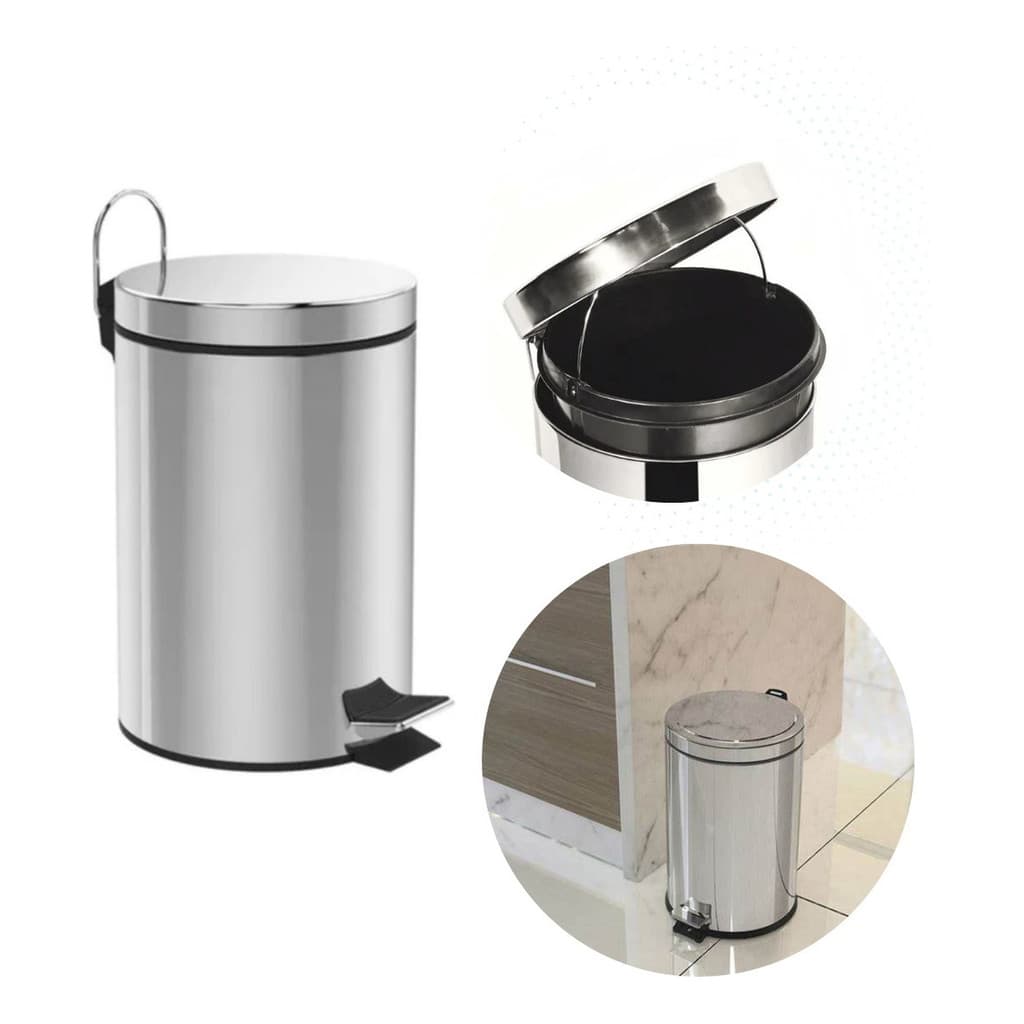 Lixeira Redonda Aço Inox 5L com Tampa Basculante e Alça Banheiro Escritório com Cesto Antiderrapante