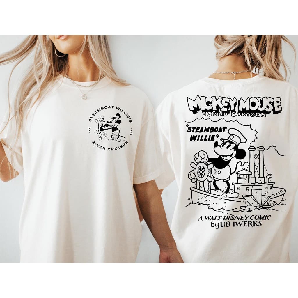 [Camiseta Premium Algodão Puro]LA Camiseta Branca  Mouse Steamboat Willie 1928, camiseta do  Cruise