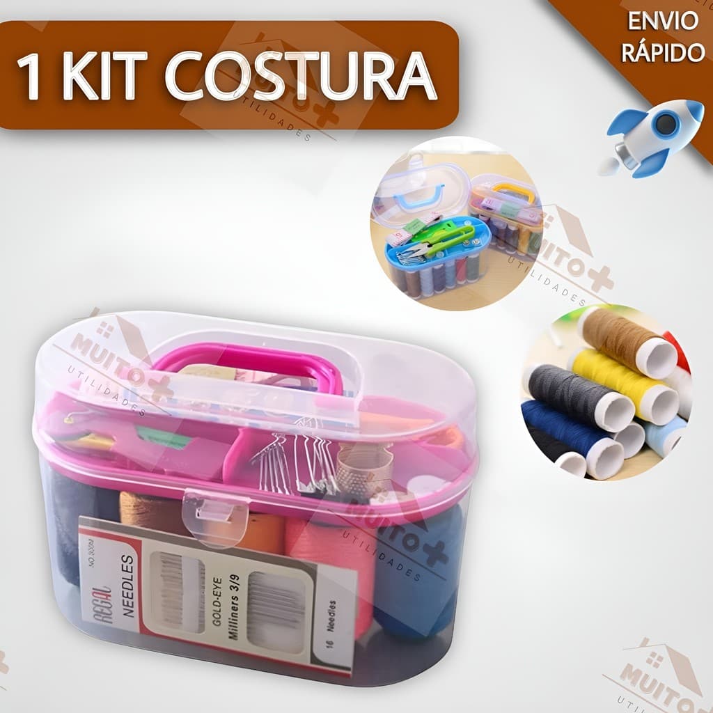 Kit Costura Mini Maleta 22 Peças De Costurar Fita Métrica Dedal Tesoura Botão Agulha Organizador Multiuso Universal