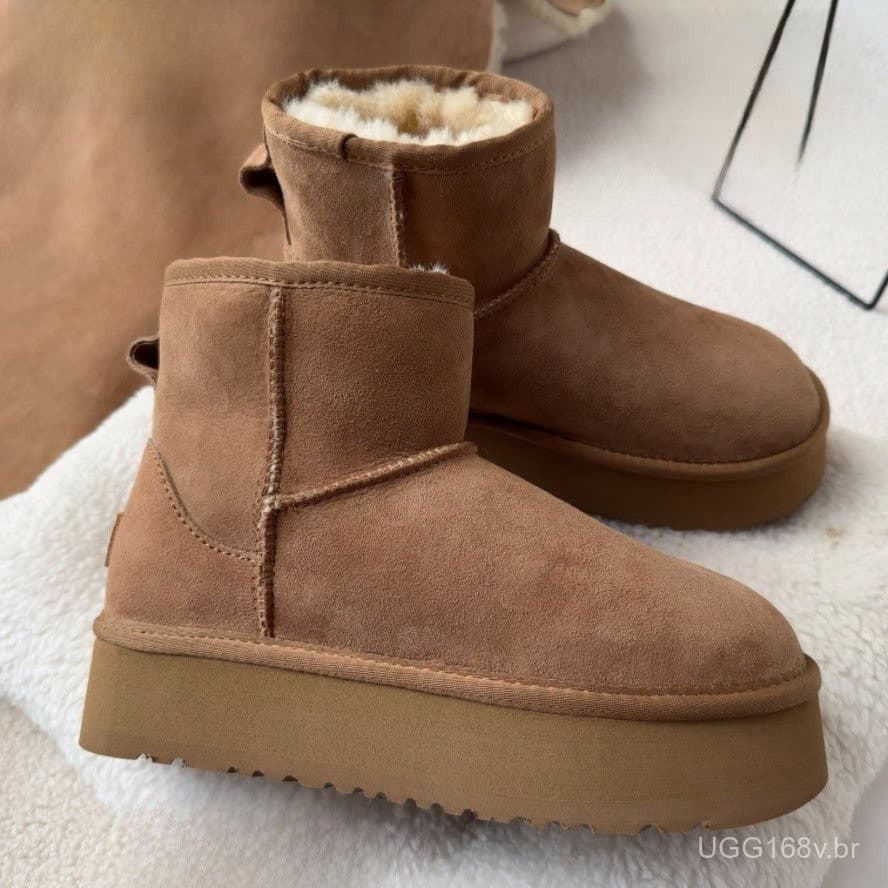 UG-G Botas de Neve Femininas de Inverno em Pele de Carneiro com Sola Grossa, Cano Curto, Forradas com Fleece, Botas de N
