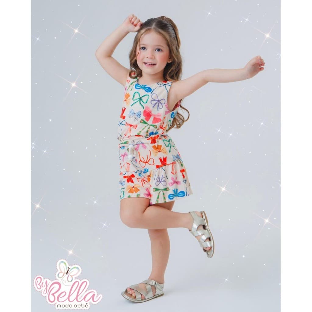 CONJUNTO INFANTIL EM MALHA CANELADA ESTAMPA COLORIDA BEBÊ MENINA BIG REGATA