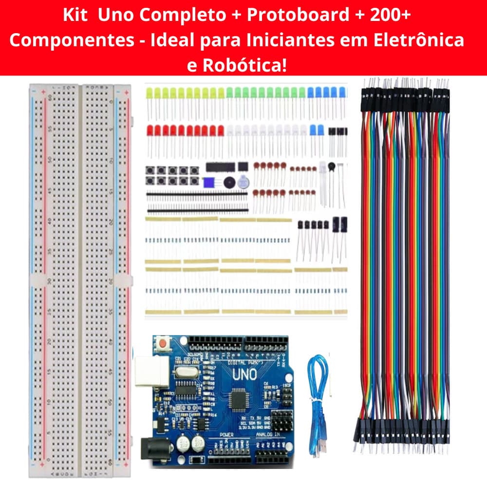Kit Uno Completo compatível Arduino + Protoboard + 200+ Componentes - Ideal para Iniciantes em Eletrônica e Robótica!