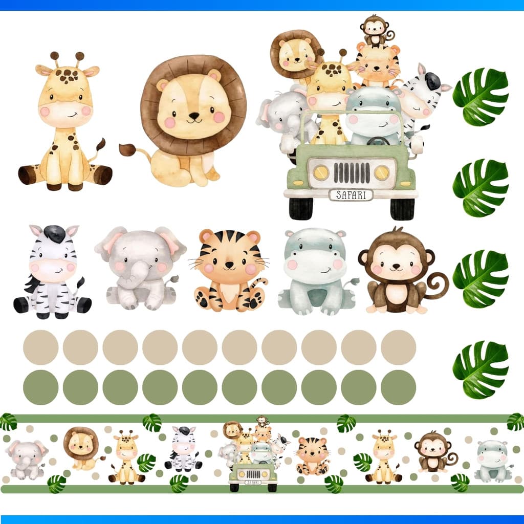 Kit de 32 Adesivos Recorte Animais Safari + Faixa - Papel de Parede Infantil PROMOÇÃO