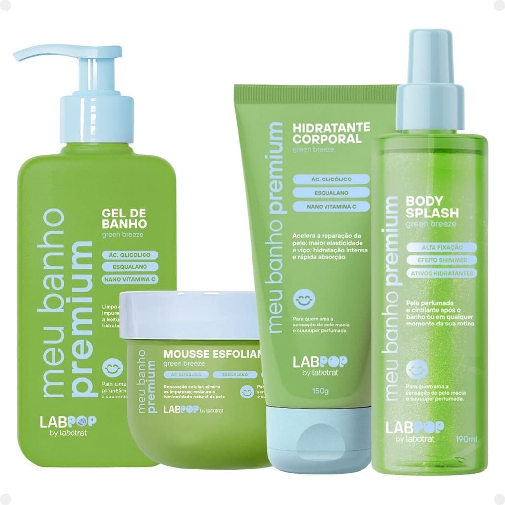 Kit LabPop by Labotrat Green Breeze: Gel de Banho, Esfoliante, Hidratante e Body Splash