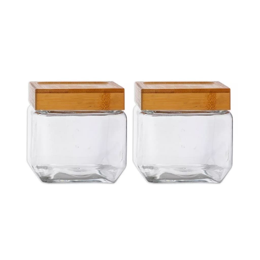 Kit 2 Pote Hermético Quadrado Tampa Bambu Design Sofisticado Mantimentos Multiuso 880ml