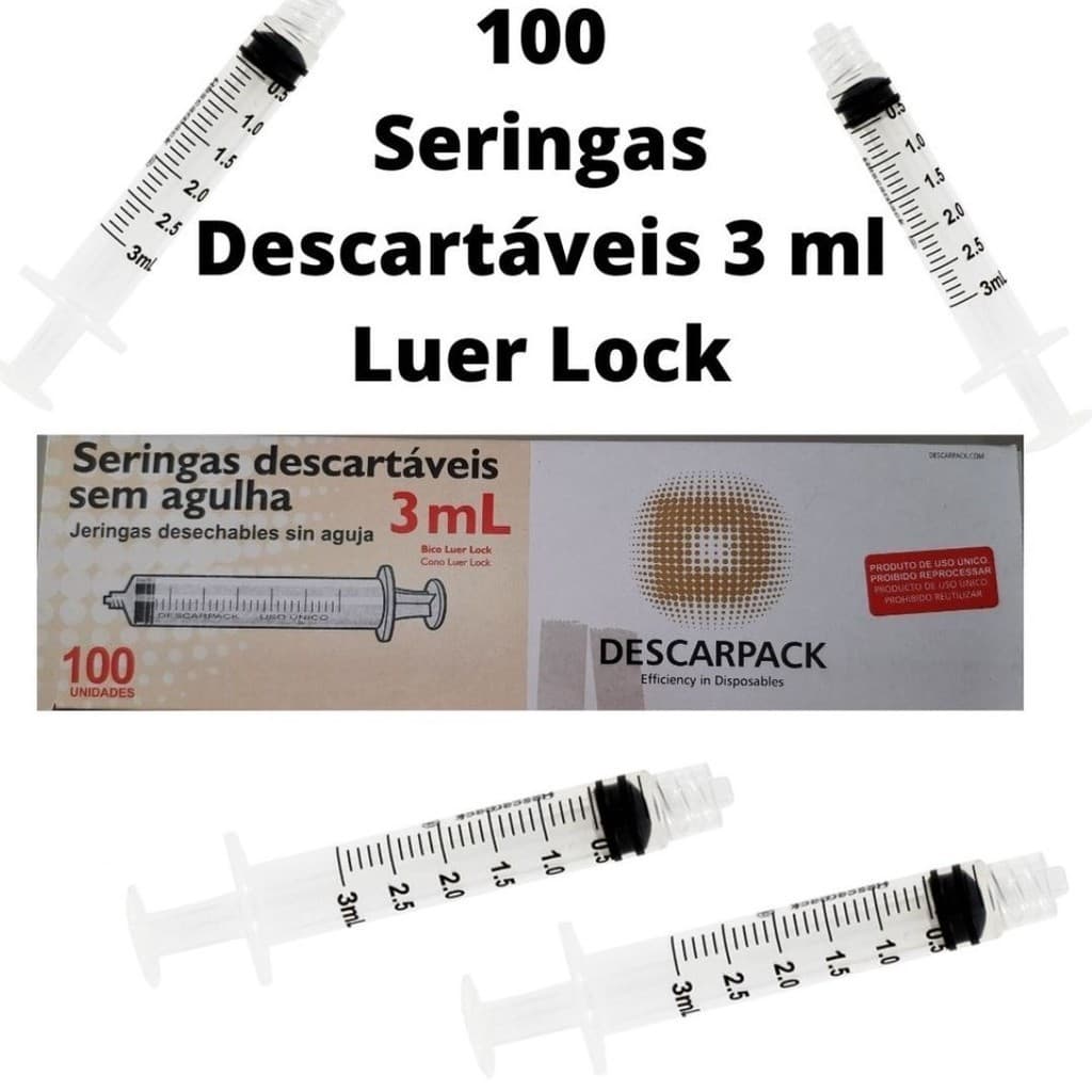Seringa Descartável Bico Luer Lock 3ml sem Agulha Descarpack 100 Unidades