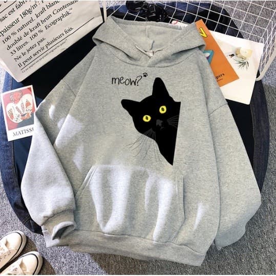 Blusa moletom Gatinho preto meow Casaco de Frio com capuz e bolso Lançamento Promoção