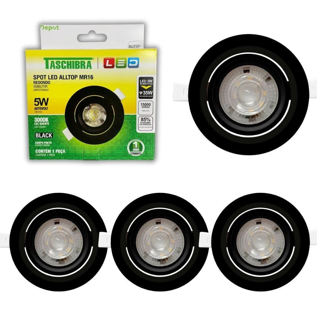 Kit 5 Spot Led Embutir 5w Preto Redondo Taschibra Luminária Teto 3000K 4000K 6500K Gesso Sanca Forro