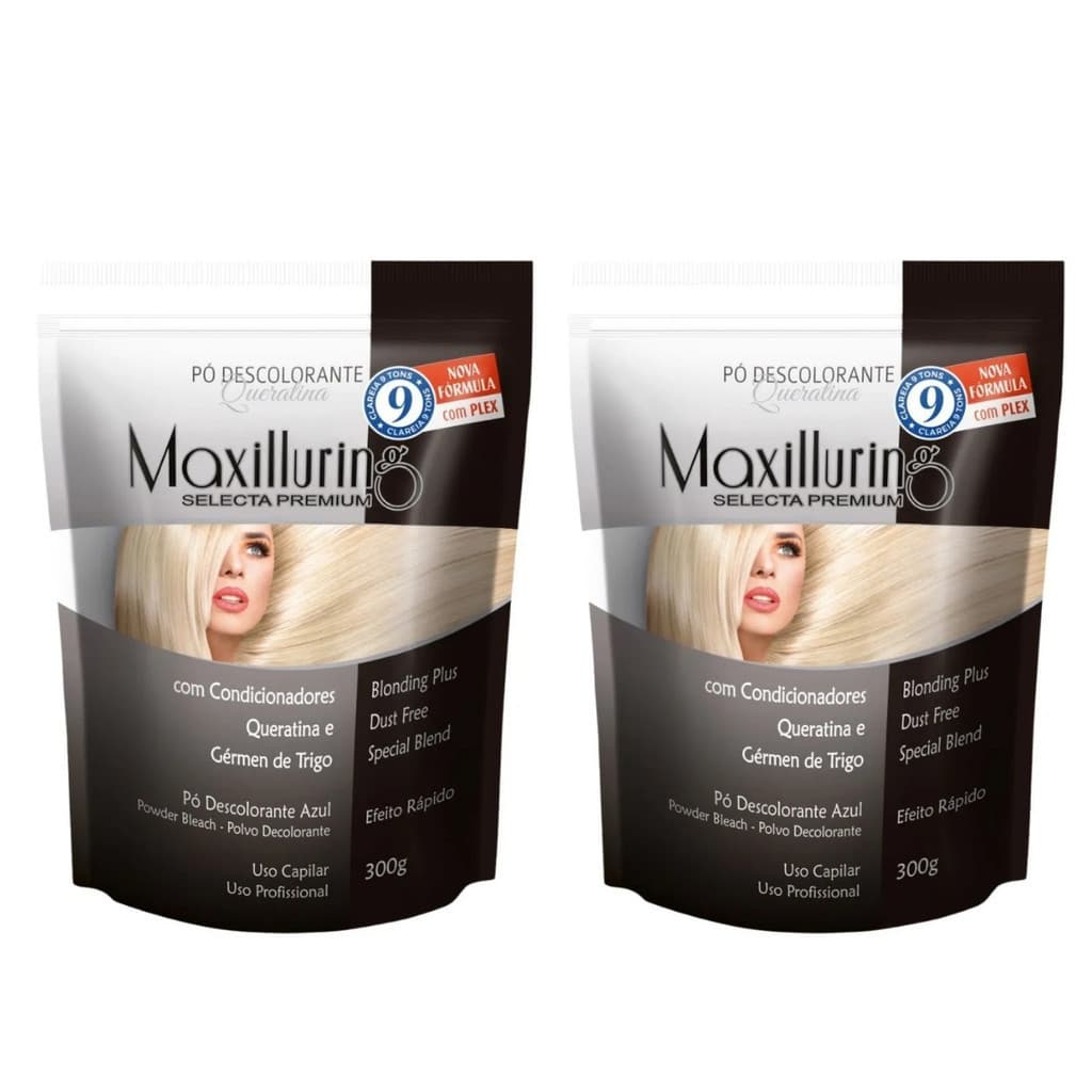 Kit 2 Pó Descolorante Queratina Profissional Azul 9 Tons Efeito Rápido Maxilluring Pouch 300g