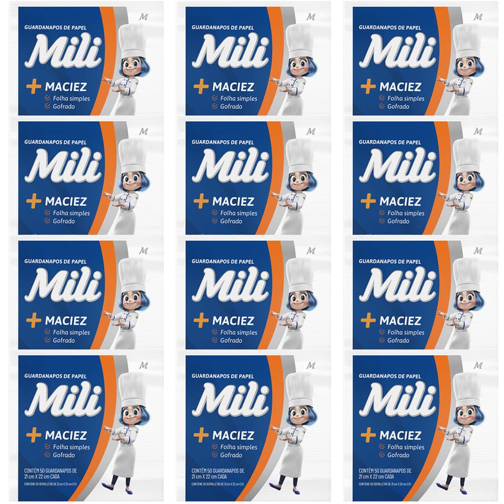 Kit 12 PACOTES Guardanapo de Papel Mili 50 Unidades 21 x 22 cm Folha Simples Gofrado + Maciez Kit 600 Guardanapos Mesa