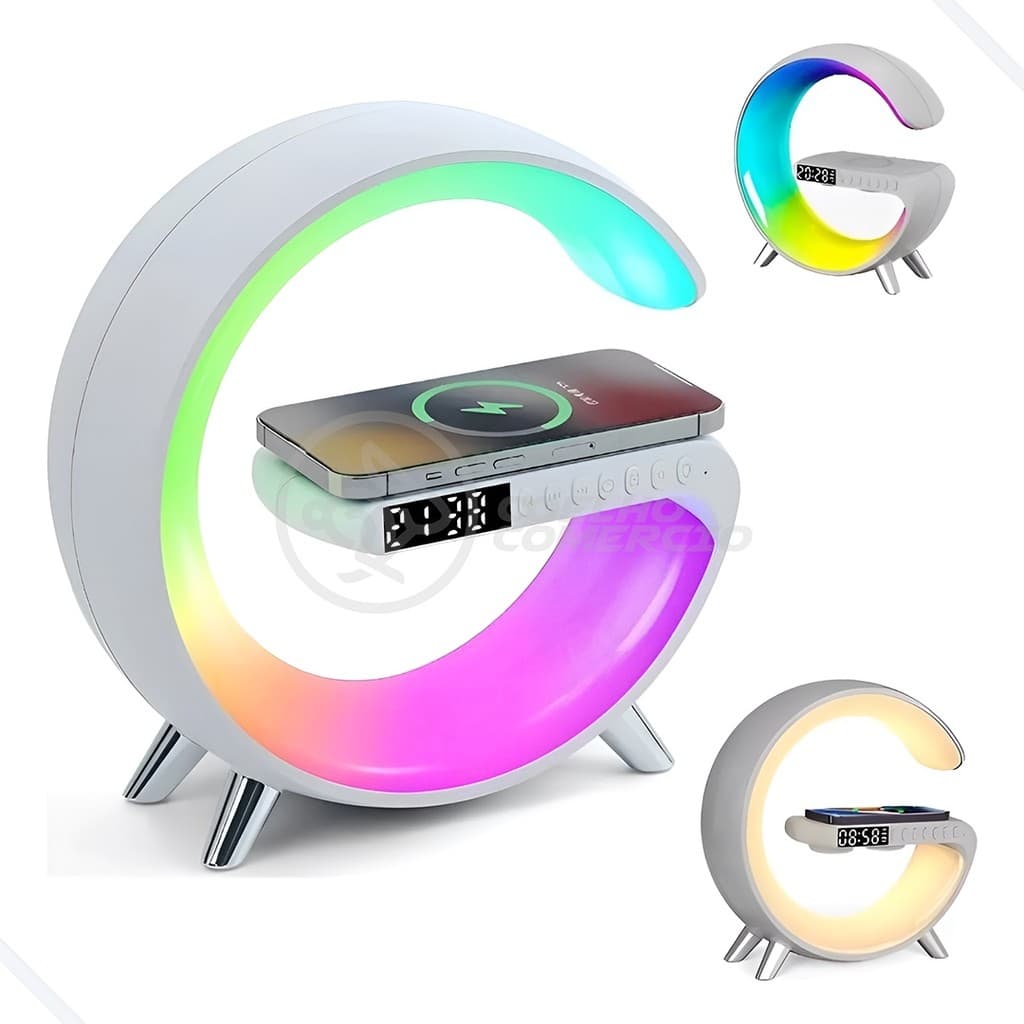 Luminária Inteligente Multifuncional com Relógio Carregador por Indução e Caixa de Som Bluetooth - Branco