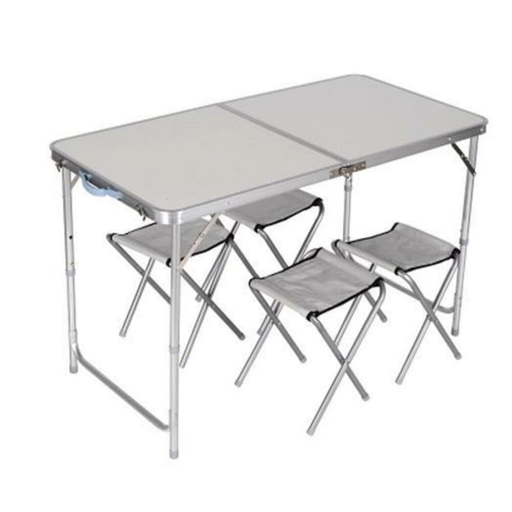 MESA DOBRAVEL ALUMINIO 120X60CM COM 4 CADEIRAS PORTATIL ALTURA AJUSTAVEL COM BANQUINHOS
